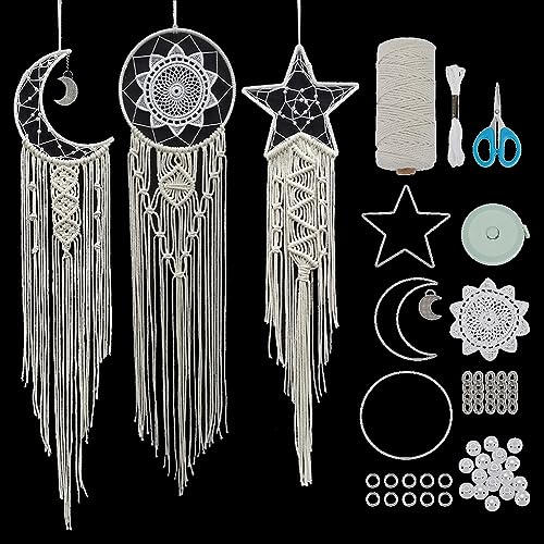 FREEBLOSS 3 Set Mond und Stern Makramee Kit Stern Mond Traumfänger mit Videoanleitung Makramee Wandbehang DIY Boho Wandkunst Makramee Wanddekoration für Schlafzimmer Anfänger von FREEBLOSS