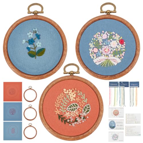 FREEBLOSS 3 Sets Stickerei Wandbehang Stickerei Blumen Kit mit Anleitung Komplettes Set mit Stickerei Stoff Stickereireifen Farbgarne und Werkzeug Stickset für Anfänger von FREEBLOSS