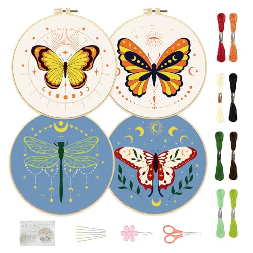 FREEBLOSS 4 Satz 8'' Stickset für Anfänger Wahrsagung&Schmetterling Muster Stickset mit Anleitung Komplettes Set mit Stickerei Stoff 2 Stickereireifen 8 Farben Garn von FREEBLOSS