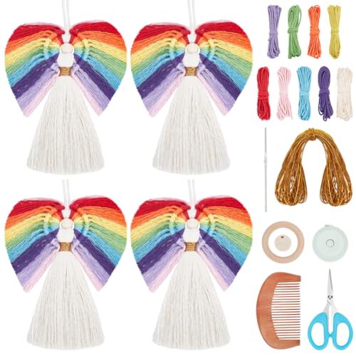 FREEBLOSS 4 Satz DIY Makramee Engel Bausatz Makramee Engel mit Regenbogenflügeln Bunte Baumwollschnur Makramee hängende Dekoration DIY Makramee Kit für Anfänger Weihnachten Makramee hängende Ornament von FREEBLOSS