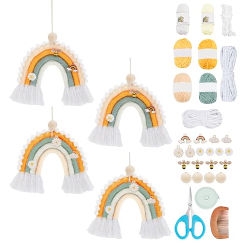 FREEBLOSS 4 Satz Makramee Regenbogen Kit DIY Makramee Auto hängend Sonnenblumen und Bienen Stil Makramee Regenbogen Ornament Makramee-Kits für Erwachsene Anfänger Tasche Charme von FREEBLOSS