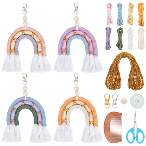 FREEBLOSS 4 Satz Makramee Regenbogen Schlüsselanhänger DIY Makramee-Set Makramee-Set für Anfänger Makramee-Set zum Aufhängen für Taschenanhänger Schlüsselanhänger-Bastelset für Erwachsene von FREEBLOSS