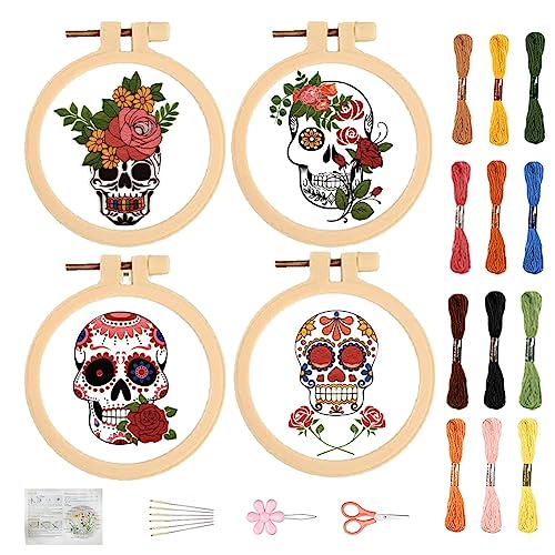 FREEBLOSS 4 Satz Stickerei Kit Halloween Skelett Stickerei Kit Kreuzstich-Kits mit Anleitung Anfänger Kreuzstich-Kits für Erwachsene Geschenk 9.3CM von FREEBLOSS