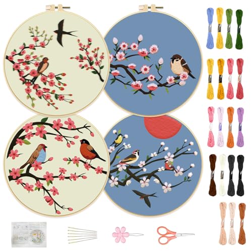 FREEBLOSS 4 Set, 12'' Stickset Für Anfänger, Schwalben Und Blumen, Stickset Mit Anleitung, Komplettes Set Mit Stickrahmen, Stickrahmen In 19 Farben, Zahnseide von FREEBLOSS