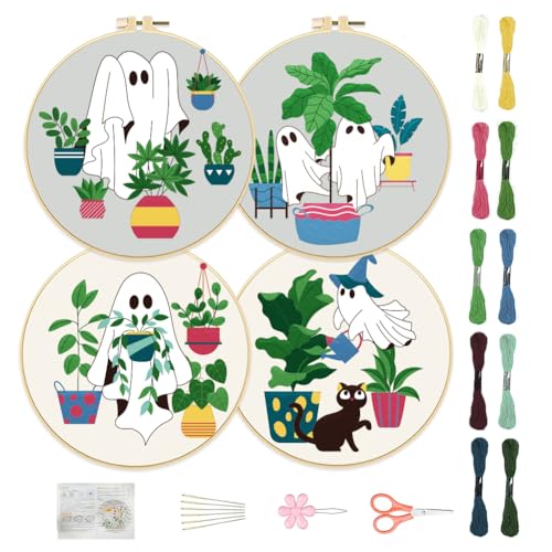 FREEBLOSS 4 Set 11.8'' Sticksets Für Anfänger, Herbst Halloween Geister Kürbis Muster, Stickset Mit Anleitung, Komplettes Set Aus Sticktuch, 2 Stickrahmen, 14 Farben Garn von FREEBLOSS