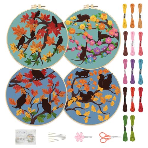 FREEBLOSS 4 Set 11.8'' Sticksets Für Anfänger, Stickset Mit Herbstmuster Und Anleitung, Komplettes Set Mit Sticktuch, 2 Stickrahmen, 14 Farben Garn von FREEBLOSS