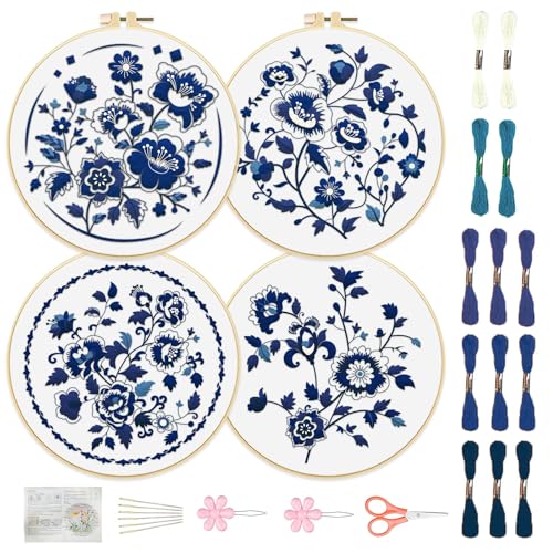 FREEBLOSS 4 Set 12'' Stickpackungen Für Anfänger Stickpackung Mit Indigo Blumenmuster Und Anleitung Komplettset Mit Sticktuch 2 Stickrahmen Stickgarn Der Indigo Blue Series von FREEBLOSS