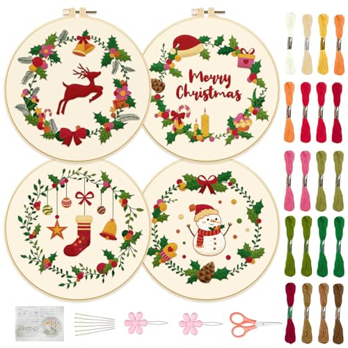 FREEBLOSS 4 Set 20cm Weihnachts Stickset Kreuzstich Set Mit Gestempeltem Weihnachtskranz Muster Stickset Für Anfänger Anleitung Inklusive Stick Starter Set Für Erwachsene von FREEBLOSS