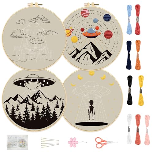 FREEBLOSS 4 Set 8'' Sticksets Für Anfänger, Stickset Mit UFO Und Alien Muster Und Anleitung, Komplettes Set Mit Sticktuch, 2 Stickrahmen, 9 Farben Garn von FREEBLOSS