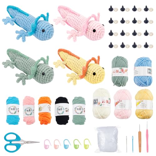 FREEBLOSS 4 Set Axolotl Häkelset, Salamander Häkelpuppenset, Häkeltierset, Häkelsalamander Mit Videoanleitung, Häkelset Für Anfänger Und Erwachsene, 5 Fädiges Garn von FREEBLOSS