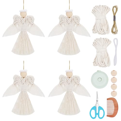 FREEBLOSS 4 Set DIY Makramee Engel Set, Makramee Engel Ornament, Makramee Starter Set Mit Anleitung, Komplettes Makramee Zubehör Set Für Anfänger, Makramee Hängeornament Für Schlafzimmer von FREEBLOSS