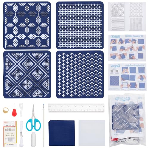 FREEBLOSS 4 Set DIY Sashiko Untersetzer Set, Wasserlösliche Stickmuster, Fingerhut Nähset, Komplettes Stickset Für Anfänger Mit Anleitung (Evtl. Nicht In Deutscher Sprache), Sashiko Garn von FREEBLOSS