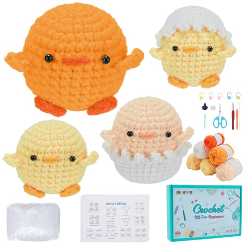 FREEBLOSS 4 Set Häkelset für Anfänger Häkeln Tier Kit Häkeln Baby Huhn Kit Garn zum Häkeln Häkeln Starter Kit mit Schritt für Schritt Video Tutorials Häkeln Handwerk für Erwachsene von FREEBLOSS