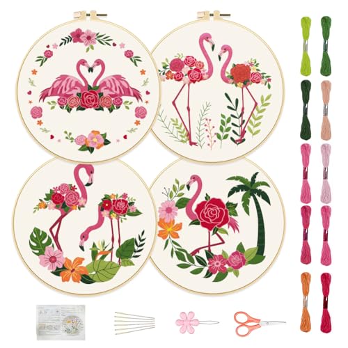 FREEBLOSS 4 Set Mit 8'' Rosen Stickset, Flamingo Stempelmuster, Handstickset, Stick Starter Set Mit Ausführlicher Anleitung (Evtl. Nicht In Deutscher Sprache), Kreuzstich Set, Inkl. Stickrahmen von FREEBLOSS