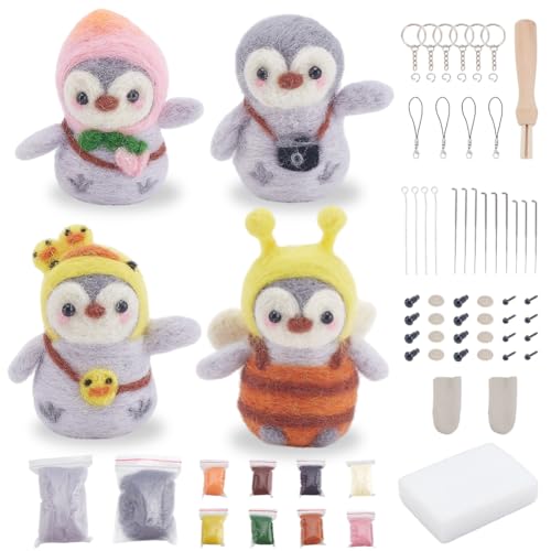 FREEBLOSS 4 Set Pinguine Nadel Filzen Kit Tiere Nadel Filzen Set Filz Pinguine Set Nadelfilz Schlüsselanhänger Set Mit Anleitung Filz Sets Für Anfänger Nadelfilzzubehör von FREEBLOSS