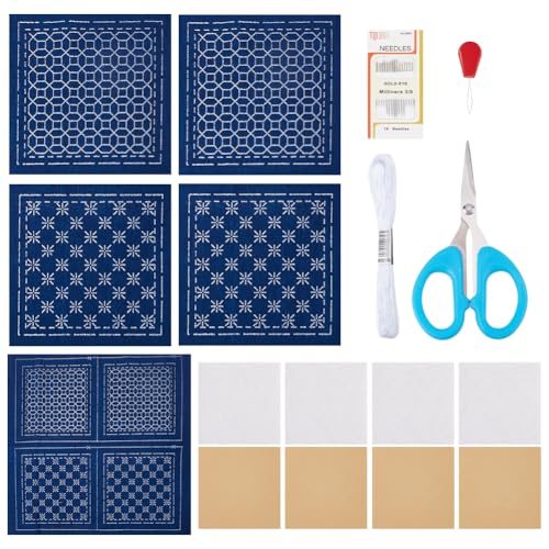 FREEBLOSS 4 Set Sashiko Untersetzer, DIY Set Mit Anleitung, Vorgedrucktes Muster Sashiko Set Für Anfänger, Japanische Sashiko Stickerei, Untersetzer Für Einweihungsgeschenk, Blau Gefärbtes Stoff Set von FREEBLOSS