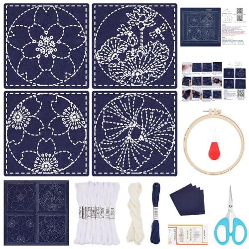 FREEBLOSS 4 Set Sashiko Untersetzer DIY Set Mit Anleitung Vorgedrucktes Sashiko Set Für Anfänger Sashiko Übungsprojekt Lotus Stickset Sashiko Untersetzer Aus Bedrucktem Stoff Zur Einweihungsfeier von FREEBLOSS