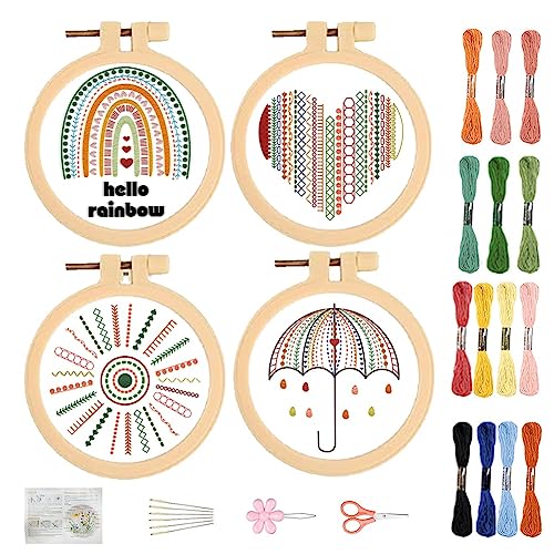 FREEBLOSS 4 Set Stick Set Sticken Set Erwachsene Stickset für Anfänger Embroidery Kit Sticken Set Erwachsene Anfänger Einfaches Muster Kreuzstich Set mit Anleitung für Frauen Erwachsene von FREEBLOSS