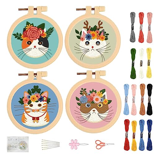 FREEBLOSS 4 Set Stick Set Sticken Set Erwachsene Stickset für Anfänger Embroidery Kit Sticken Set Erwachsene Anfänger Katzenmotiv Kreuzstich Set mit Anleitung für Frauen Erwachsene von FREEBLOSS