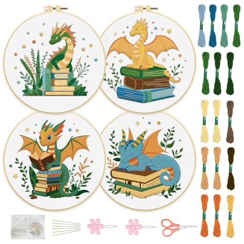 FREEBLOSS 4 Set Stickbuch Set Kreuzstich Set Mit Gestempeltem Cartoon Drachen Und Buchmuster Stickset Für Anfänger Anleitung Inklusive Stick Starter Set Für Erwachsene 30cm von FREEBLOSS