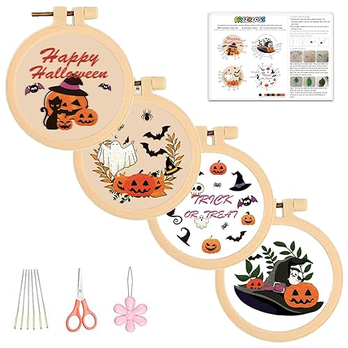 FREEBLOSS 4 Set Sticken Set Erwachsene Stickerei Starter Kit Sticken für Anfänger Halloween Thema Kreuzstich Set Sticken Set Erwachsene Anfänger Embroidery Kit für Geschenk von FREEBLOSS