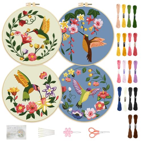 FREEBLOSS 4 Set Stickerei Starterset Mit Kolibri Und Blumen Für Anfänger, Gestempeltes Stickset Mit Muster Und Anleitung, Kreuzstich Starter Sets Enthalten 4 Stickstoff Für Erwachsene von FREEBLOSS