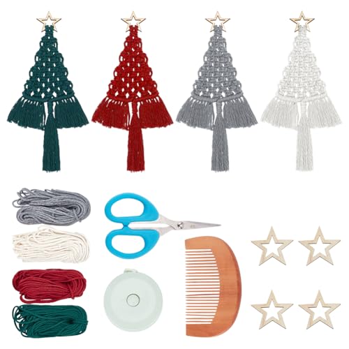 FREEBLOSS 4 Set Weihnachtsbaum Makramee DIY Set, Weihnachtsbaum Hängeornamente, Wandbehang, Wandteppich Für Den Urlaub, Makramee Quasten, Wandbehang, Makramee Set Für Anfänger von FREEBLOSS