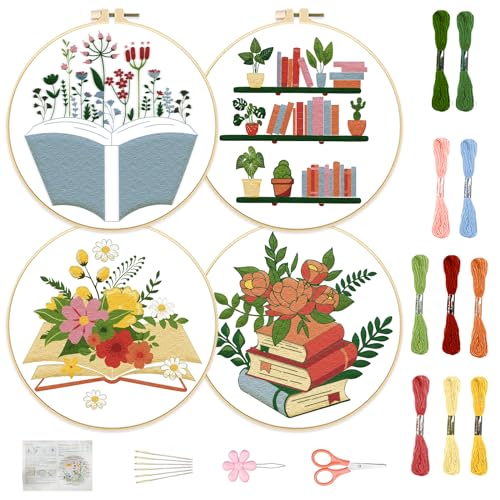 FREEBLOSS 4er Pack Stick Starter Set, Bücher Stickset Für Anfänger Blumenstickerei Set Vollständiges Sortiment An Kreuzstichzubehör Inklusive Stickrahmen, 30 cm Stickstoff, Anleitung von FREEBLOSS