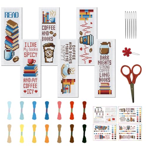 FREEBLOSS 6 Set Cafeteria-Kreuzstich-Lesezeichen, Gestempeltes Kreuzstich-Set Mit Kaffee- Und Buchmustern, Stickset Mit Anleitung, DIY-Lesezeichen-Set als Geschenk Für Erwachsene 8.67''X3'' von FREEBLOSS