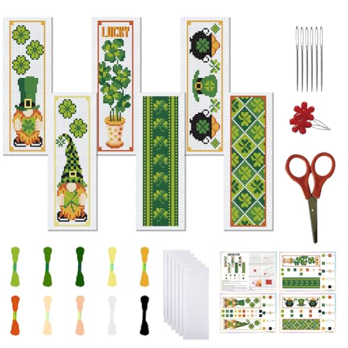 FREEBLOSS 6 Set Gestempelte Kreuzstich Lesezeichen Sets St. Stick Lesezeichen Set Zum Patrick'S Day Thema Kleeblatt Zwerge Muster Gestempeltes Kreuzstich Set Für Erwachsene Und Anfänger von FREEBLOSS