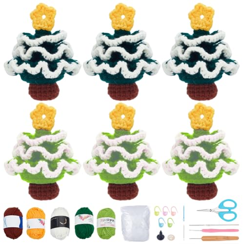 FREEBLOSS 6 Set Häkelset für Anfänger Weihnachtsbaum Häkelset Häckeln Stricken für Anfänger Set mit Häkelnadeln Garn und Video Kreativ Strickset Bastelset für Erwachsene Geschenk von FREEBLOSS