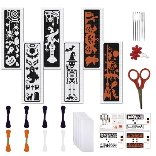 FREEBLOSS 6 Set Halloween Kreuzstich Lesezeichen Gestempeltes Kreuzstich Set Mit Magischen Traummustern Skelett Hexe Katze Stickset Mit Anleitung DIY Lesezeichen Set von FREEBLOSS