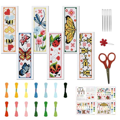 FREEBLOSS 6 Set Insekten-Kreuzstich-Lesezeichen, Gestempeltes Kreuzstich-Set Mit Garten-Insekten-Mustern, Stickset Mit Anleitung, DIY-Lesezeichen-Set Für Geschenk Erwachsene 8.67''X3'' von FREEBLOSS