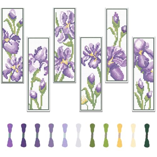 FREEBLOSS 6 Set Iris Kreuzstich Lesezeichen Set, Handstick Set Für Anfänger, Gezähltes Kreuzstich Set, DIY Lesezeichen Set, Komplettes Kreuzstich Stickset Für Frauen, Hobby, 22 x 8 cm von FREEBLOSS