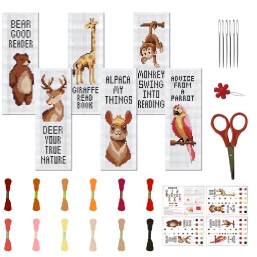 FREEBLOSS 6 Set Kreuzstich Lesezeichen, Gestempeltes Kreuzstich Set Mit Cartoon Tiermustern, Stickset Mit Anleitung, DIY Lesezeichen Set Für Geschenk Für Erwachsene 8''X2.4'' von FREEBLOSS