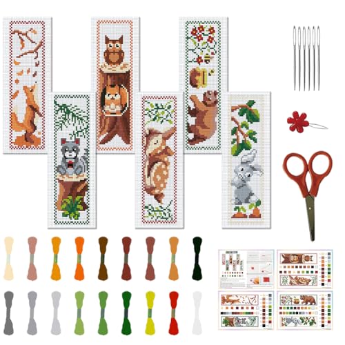 FREEBLOSS 6 Set Kreuzstich Lesezeichen, Gestempeltes Kreuzstich Set Mit Cartoon Waldtier Muster, Stickset Mit Anleitung, DIY Lesezeichen Set als Geschenk Für Erwachsene, 6 x 20 cm von FREEBLOSS