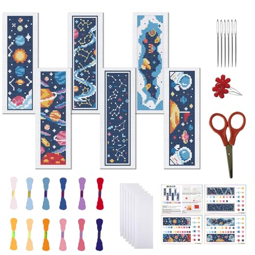 FREEBLOSS 6 Set Kreuzstich Lesezeichen Gestempeltes Kreuzstich Set Mit Cartoon Universum Mustern Stickset Mit Anleitung DIY Lesezeichen Set Für Geschenk Für Erwachsene 8.66''X3.14'' von FREEBLOSS