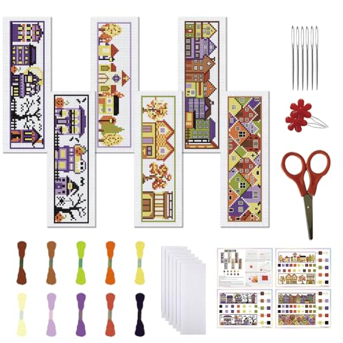 FREEBLOSS 6 Set Kreuzstich Lesezeichen Gestempeltes Kreuzstich Set Mit Halloween Haus Mustern Stickset Mit Anleitung DIY Lesezeichen Set Für Geschenk Für Erwachsene 8''X2.4'' von FREEBLOSS