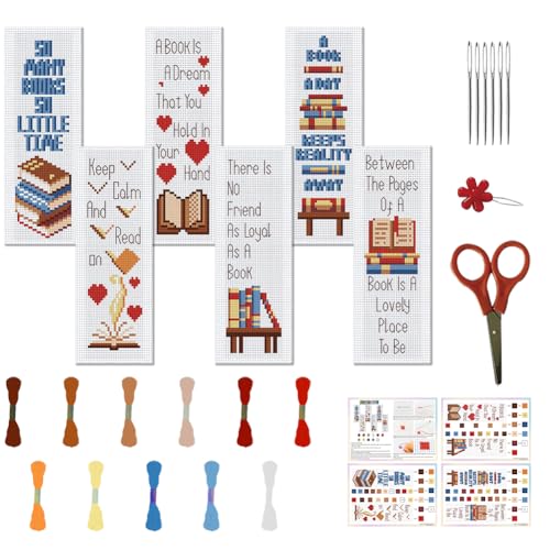 FREEBLOSS 6 Set Kreuzstich Lesezeichen Set, Bücher, Muster Gestempelt, Kreuzstich Sets Für Anfänger, DIY Stickerei Lesezeichen, DIY Lesezeichen Set, Stickset Für Erwachsene, Geschenk, 6 x 20 cm von FREEBLOSS