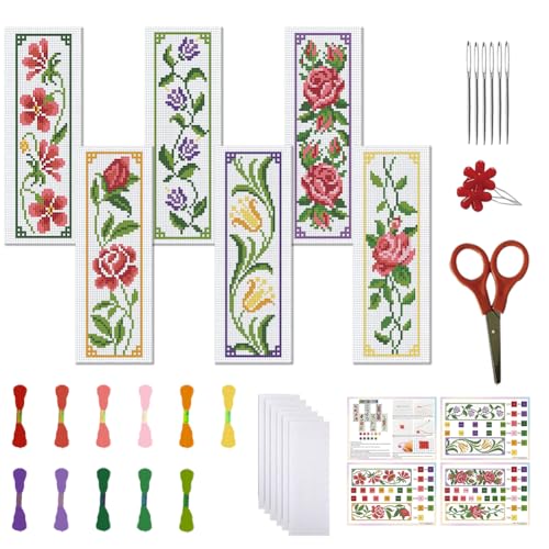 FREEBLOSS 6 Set Kreuzstich Lesezeichen Set Kreuzstich Set Cross Stitch Rankenblumen Gestempeltes Kreuzstich Lesezeichen Mit Anleitung Kreuzstich Sets Für Erwachsene DIY Lesezeichen Set von FREEBLOSS