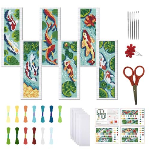 FREEBLOSS 6 Set Kreuzstich Lesezeichen Set Lotusblumenteich Landschaft Gestempeltes Kreuzstich Set Gestempeltes Stick Lesezeichen Mit Anleitung (Evtl. Nicht In Deutscher Sprache) Kreuzstich Sets von FREEBLOSS