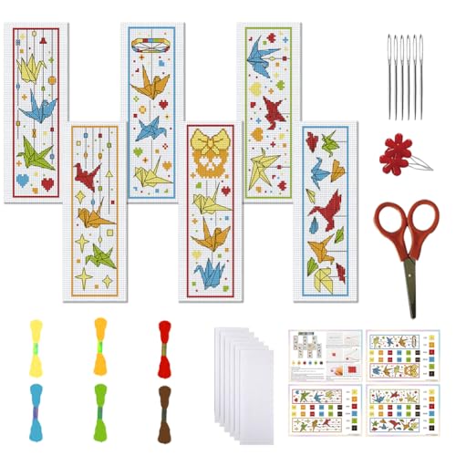 FREEBLOSS 6 Set Kreuzstich Lesezeichen Sets Mit Papierkranichen DIY Lesezeichen Kreuzstich Kits Gestempelte Stick Lesezeichen Für Anfänger Stickset Für Jedermann DIY Stick Lesezeichen von FREEBLOSS