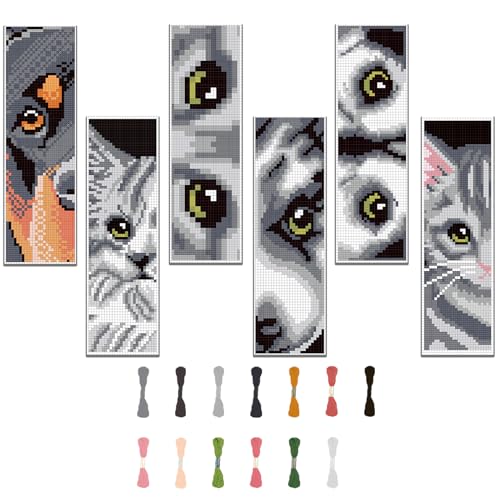 FREEBLOSS 6 Set Lesezeichen Kreuzstich Kits Kreuzstich Set Stickbilder Kreuzstich Katzen und Hunde Muster Lesezeichen Sticken Stickset Für Anfänger von FREEBLOSS