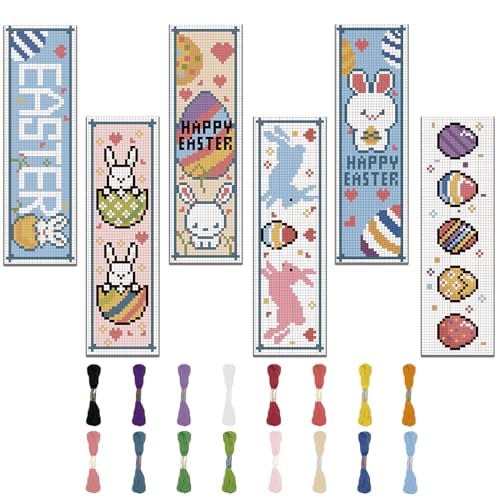 FREEBLOSS 6 Set Lesezeichen Kreuzstich Kits Kreuzstich Set Stickbilder Kreuzstich Ostermotiv Lesezeichen Sticken Stickset Für Anfänger von FREEBLOSS