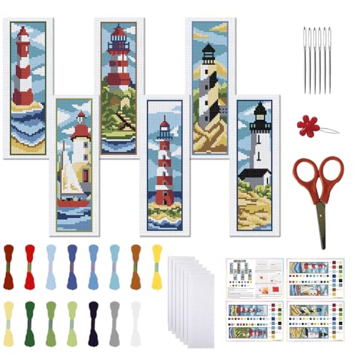 FREEBLOSS 6 Set Lesezeichen Kreuzstich Sets, Stick Lesezeichen Kreuzstich Sets Mit Anleitung, Leuchtturm Landschaftsmuster, Kreuzstich Set Für Anfänger, Lesezeichen Herstellungsset als Geschenk von FREEBLOSS