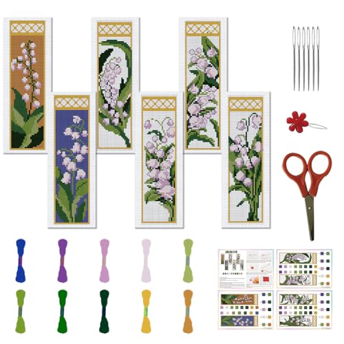 FREEBLOSS 6 Set Maiglöckchen Kreuzstich Lesezeichen Sets, Blumen, DIY Lesezeichen, Kreuzstich Sets, Gestempelte Stick Lesezeichen, Kreuzstich Set Für Anfänger Und Erwachsene, 22 x 8 cm von FREEBLOSS