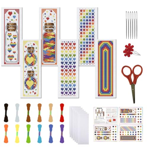 FREEBLOSS 6 Set Regenbogen Kreuzstich Lesezeichen Sets DIY Lesezeichen Kreuzstich Kits Gestempelte Stick Lesezeichen Für Anfänger Stickset Für Jedermann DIY Stick Lesezeichen von FREEBLOSS