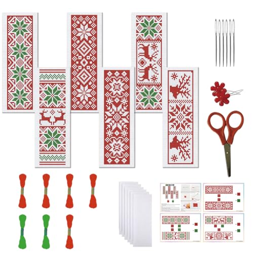 FREEBLOSS 6 Set Weihnachts Kreuzstich Lesezeichen Sets Lesezeichen Mit Weihnachtselch Muster Gestempelte Stickerei Stickset Zum Selbermachen Lesezeichen Kreuzstich Set Für Anfänger Stickset von FREEBLOSS