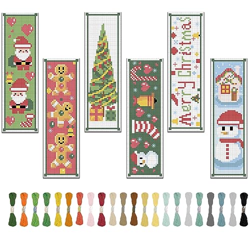 FREEBLOSS Kreuzstich-Lesezeichen-Set mit 6 verschiedenen Weihnachtsmustern, Stickset mit Anleitung (evtl. nicht in deutscher Sprache), DIY-Lesezeichen-Set für Erwachsene, 20,3 x 6,1 cm, 6 Stück von FREEBLOSS