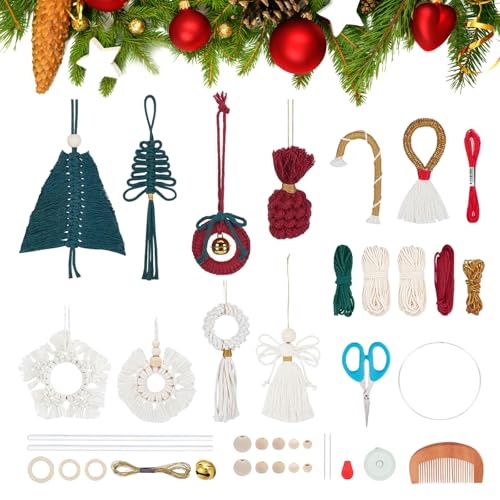 FREEBLOSS 9 Set DIY Makramee Mix Weihnachtsornamente Makramee Weihnachtswichtel Makramee Weihnachtsbaum Makramee Hängeornament Set Makramee Sets Für Erwachsene Anfänger Makramee Zubehör von FREEBLOSS